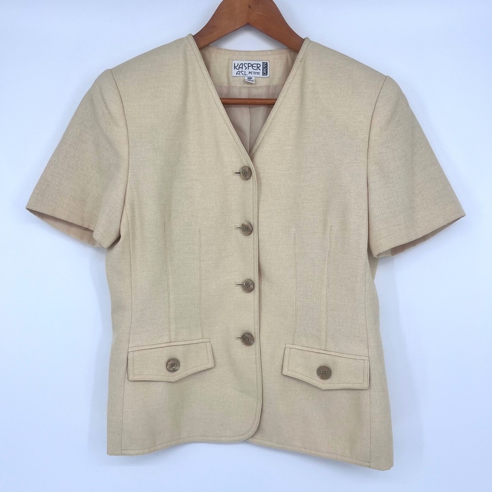 Vintage Kasper ASL Blazer‎ Womens 10P Cream Short Sleeve Button Business Office